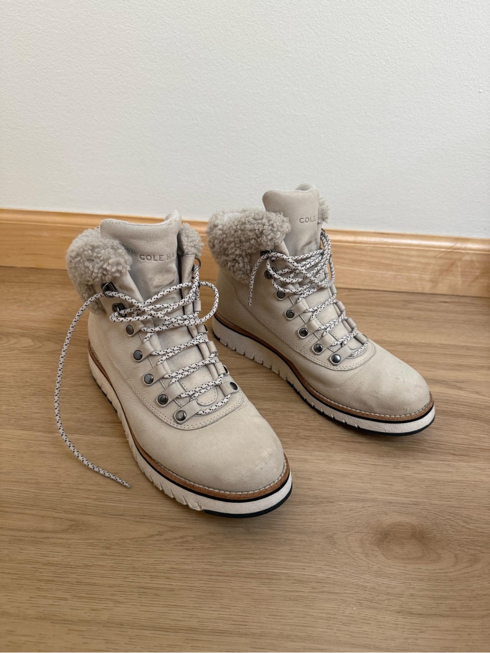Cole Haan Cream Lace-Up Shearling Collar Winter Boots